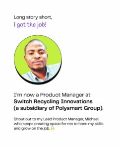 An image showing a display picture of Ayodeji and his job title to show his transition into product management