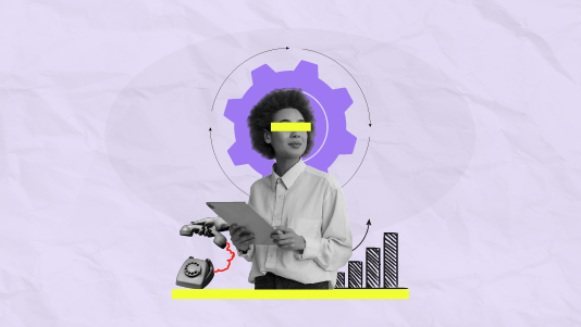 A woman holding a tablet and with a gear behind her head to suggest product operations or solving a problem