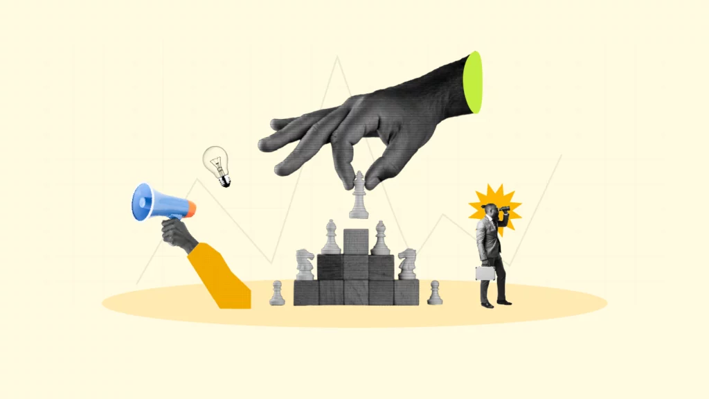 An image containing a stack of chess pieces with one standing out at the top suggest marketing leadership