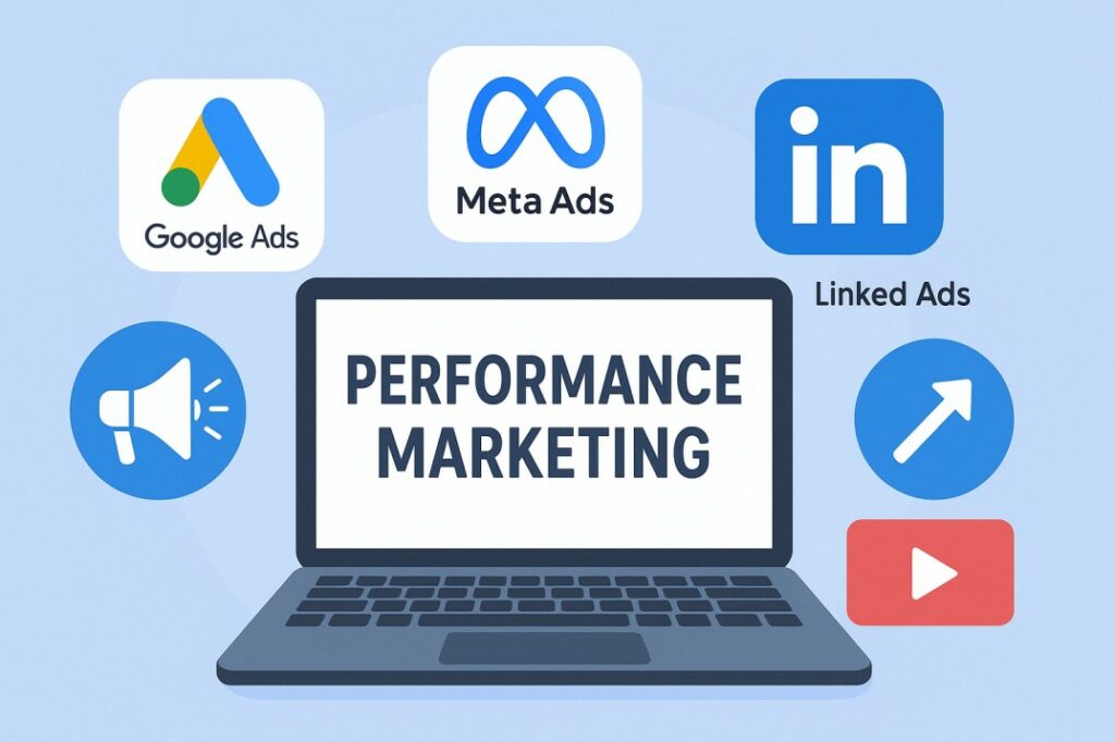 “Digital illustration of performance marketing platforms showing Google Ads, Meta Ads, LinkedIn Ads, and other paid media channels surrounding a laptop screen with the text ‘Performance Marketing’ — concept of digital advertising strategy.”