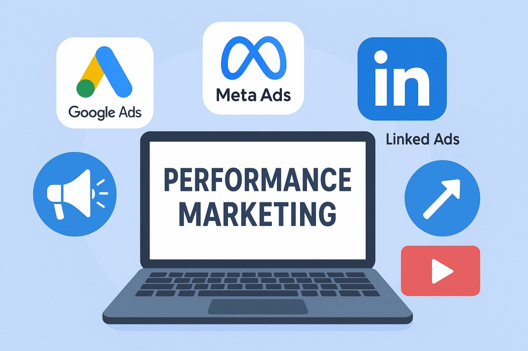 “Digital illustration of performance marketing platforms showing Google Ads, Meta Ads, LinkedIn Ads, and other paid media channels surrounding a laptop screen with the text ‘Performance Marketing’ — concept of digital advertising strategy.”